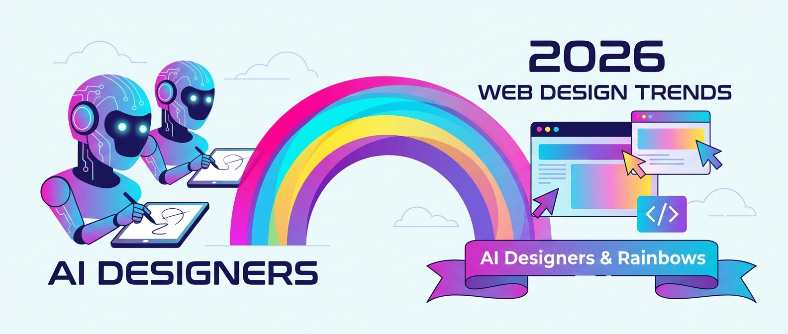 A banner for 2026 Web Design Trends shows AI robots designing, with a rainbow connecting to web graphics.