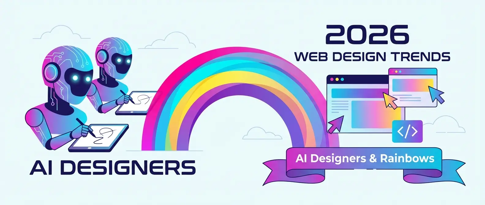A banner for 2026 Web Design Trends shows AI robots designing, with a rainbow connecting to web graphics.