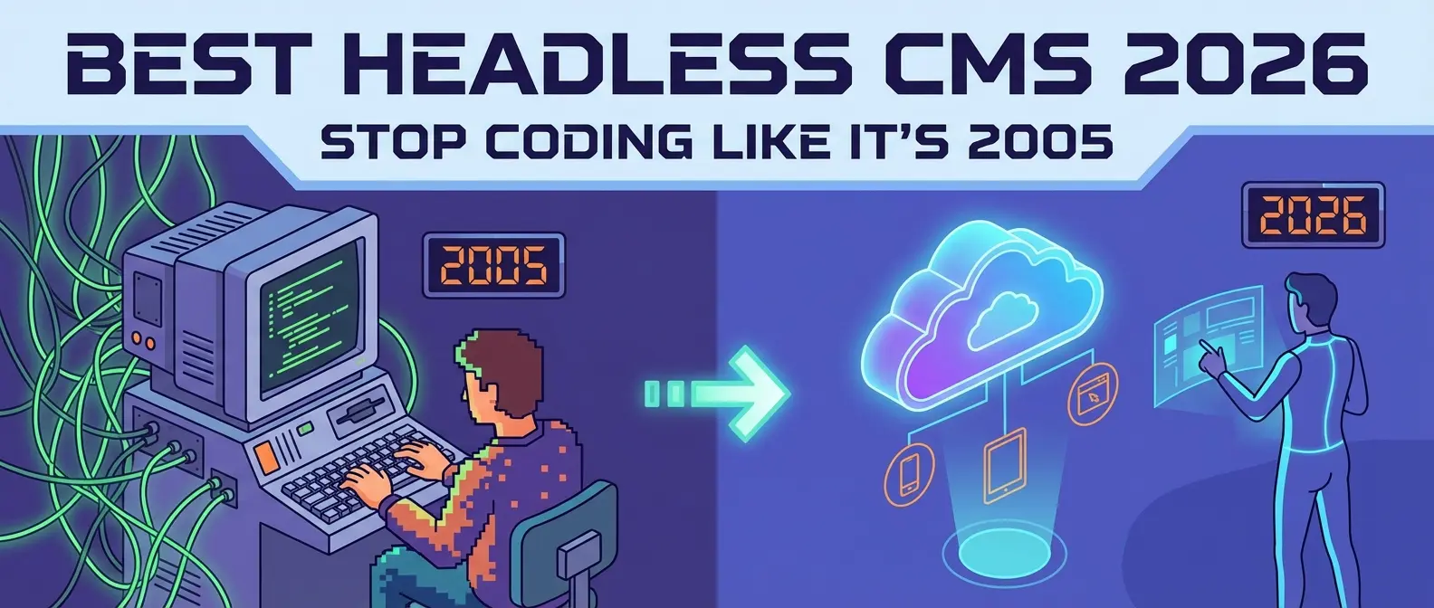 Best Headless CMS 2026" graphic: A pixelated 2005 coder evolves into a futuristic user managing a cloud interface.