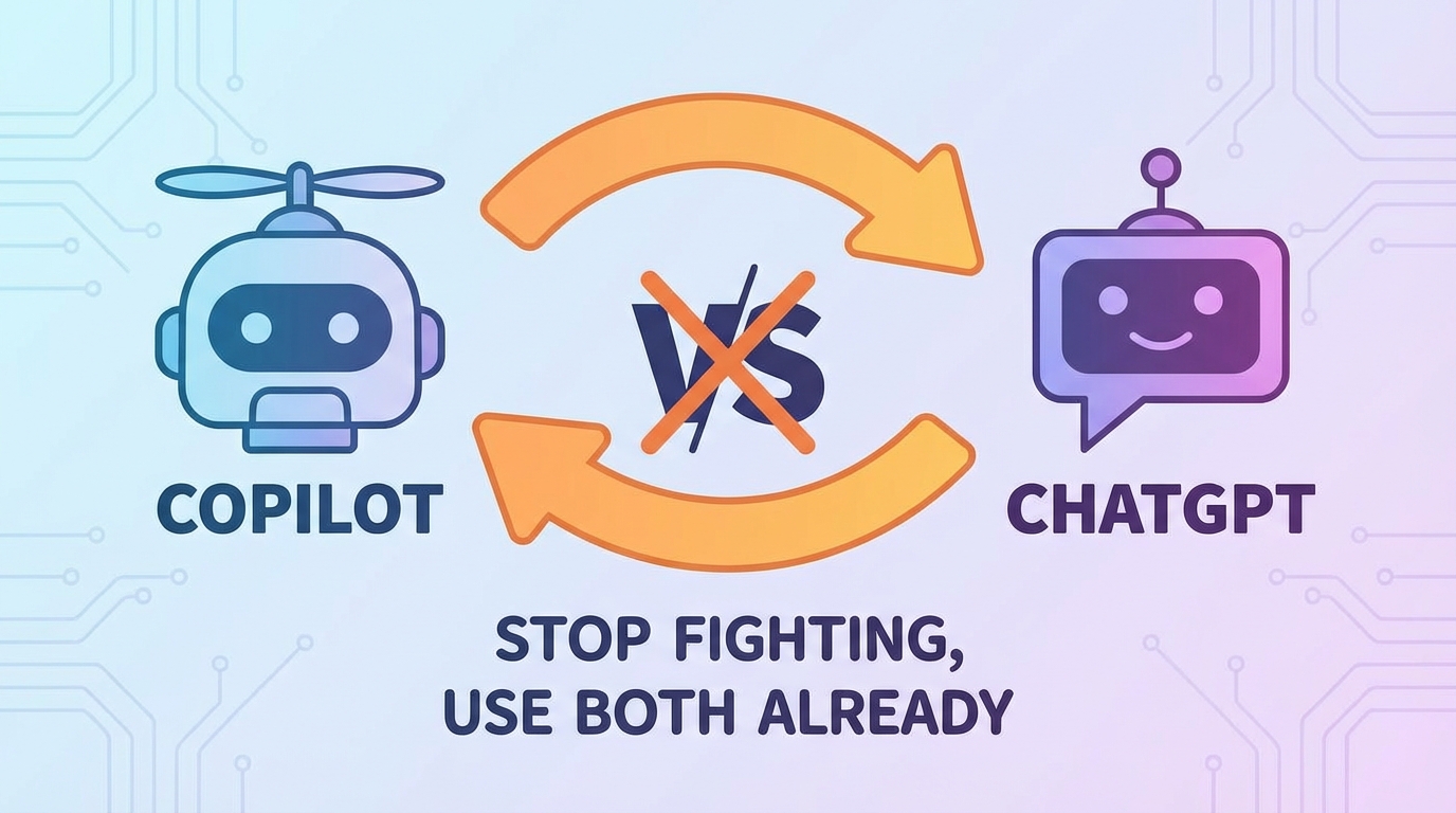 Copilot robot & ChatGPT robot with circular arrows, a crossed-out "VS", and text: "STOP FIGHTING, USE BOTH ALREADY".