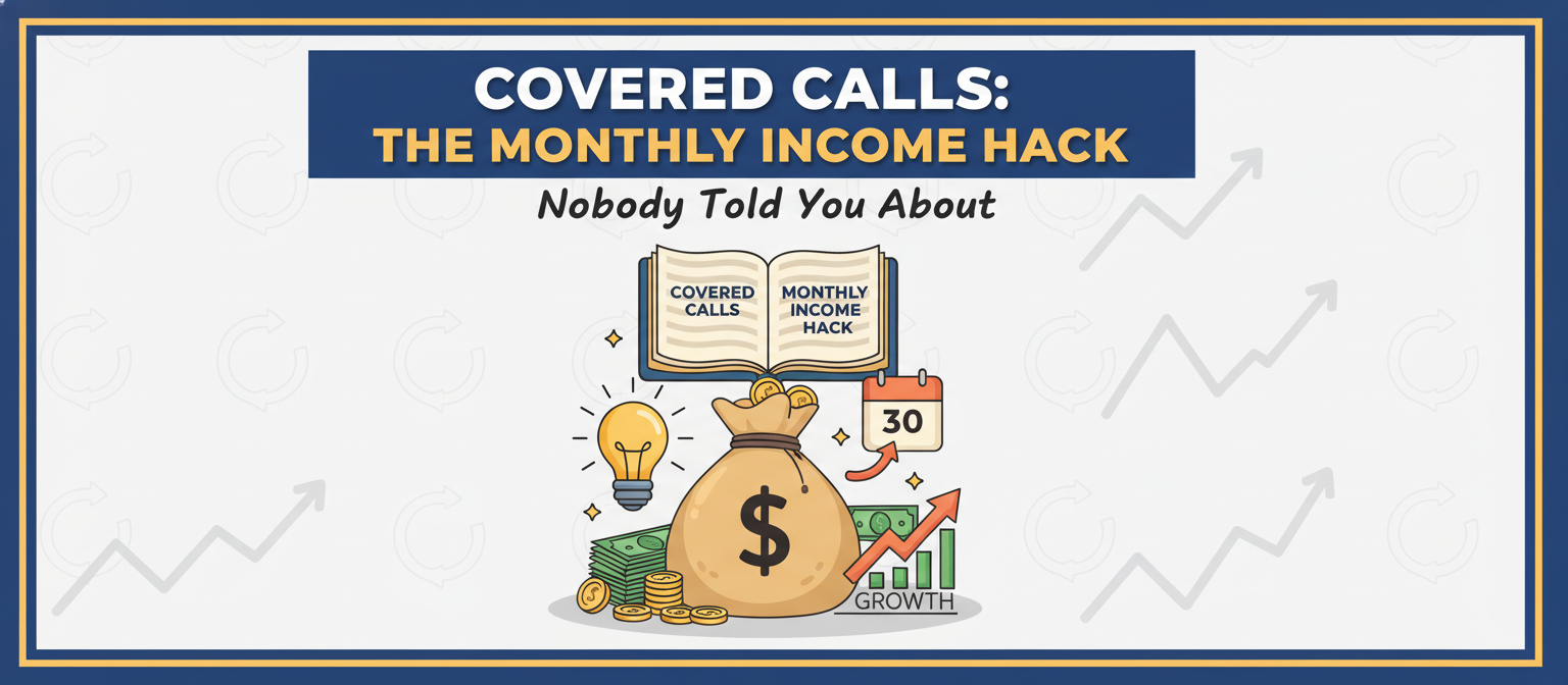 Title: Covered Calls: The Monthly Income Hack. Cartoon with a book, money bag, calendar (30), lightbulb, and growth chart.