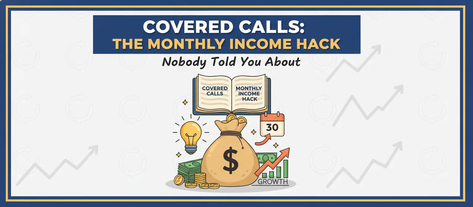 Title: Covered Calls: The Monthly Income Hack. Cartoon with a book, money bag, calendar (30), lightbulb, and growth chart.