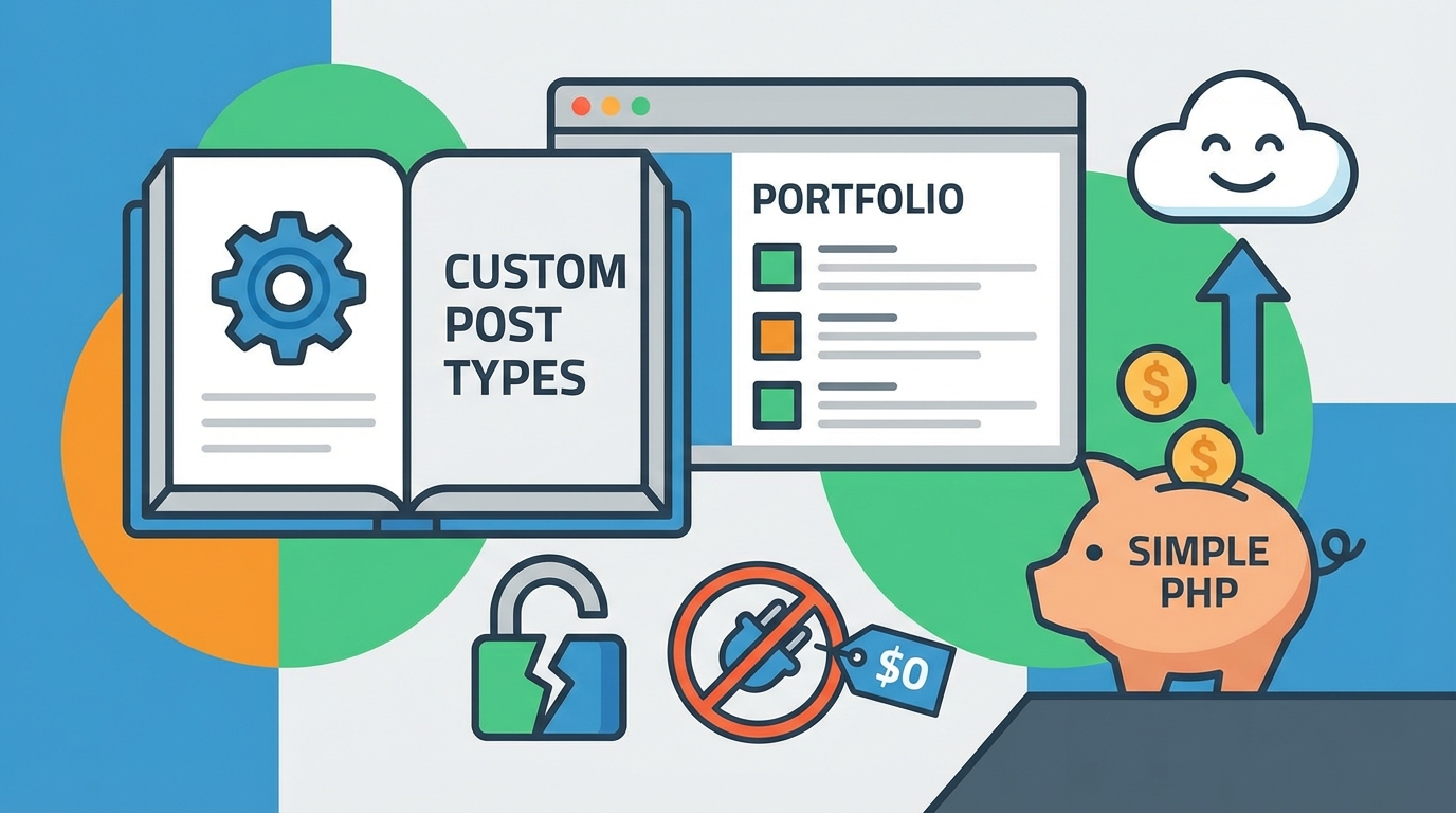 Custom Post Types" book, "Portfolio" website, unlocked. No plugins ($0), "Simple PHP" savings, cloud benefits.