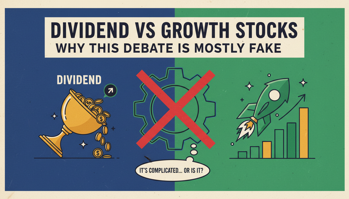 Illustration: "Dividend vs Growth Stocks: Why this debate is mostly fake." Goblet of coins, crossed-out gear, rocket with rising chart.