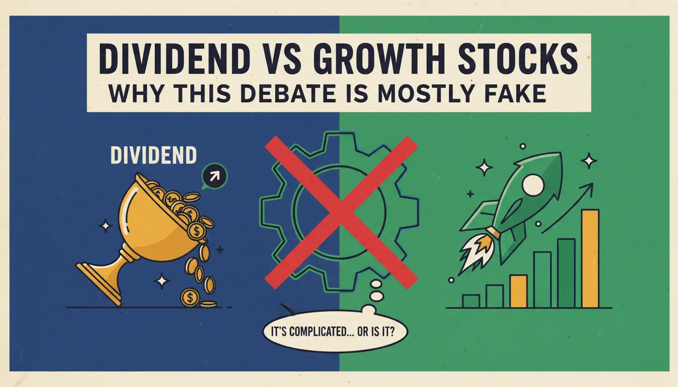 Illustration: "Dividend vs Growth Stocks: Why this debate is mostly fake." Goblet of coins, crossed-out gear, rocket with rising chart.