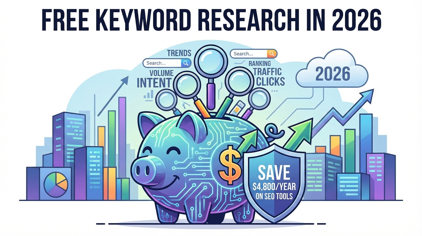 Illustration: "FREE KEYWORD RESEARCH IN 2026" title. Tech piggy bank, search tools, upward graphs, shield: "SAVE $4,800/YEAR ON SEO TOOLS".