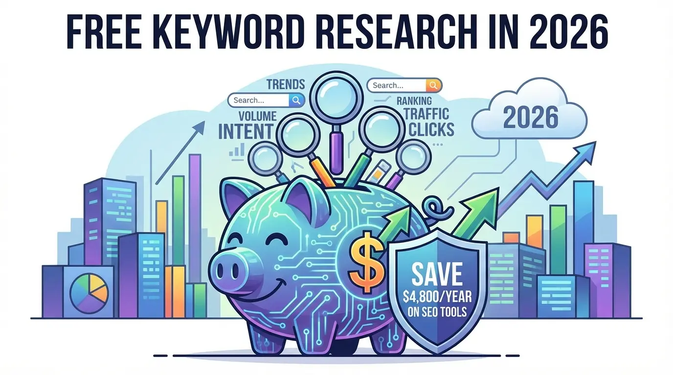 Illustration: "FREE KEYWORD RESEARCH IN 2026" title. Tech piggy bank, search tools, upward graphs, shield: "SAVE $4,800/YEAR ON SEO TOOLS".