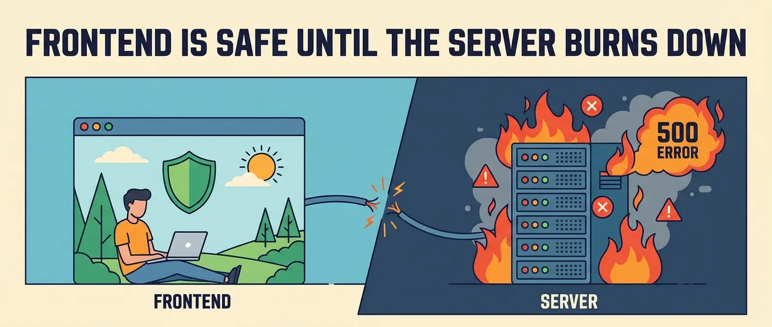 Text: "Frontend is safe until the server burns down." Calm laptop user vs. burning server rack showing a 500 error.