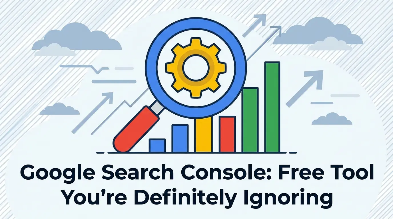 Google Search Console graphic: Magnifying glass with gear, rising bar chart, upward arrows. Text: "Free Tool You're Definitely Ignoring".
