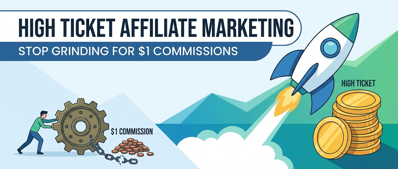Man grinds for $1 commissions. Rocket blasts off to 'High Ticket' gold. Text: High Ticket Affiliate Marketing, Stop Grinding.