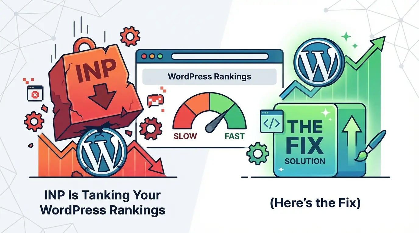 INP crushes WordPress rankings (slow speed, down arrow); 'The Fix Solution' boosts them (fast speed, up arrow).