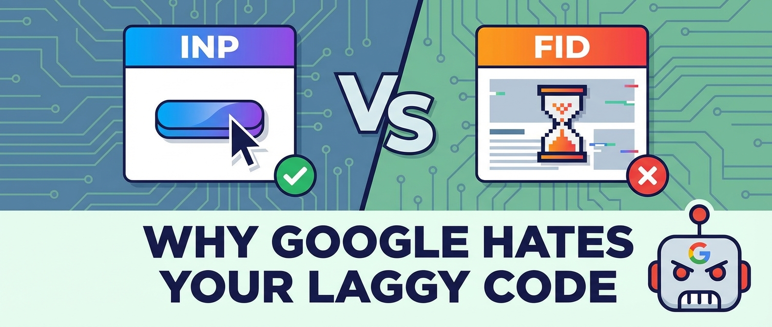 Comparison of INP (cursor, check) vs FID (hourglass, X). Text: Why Google Hates Your Laggy Code.