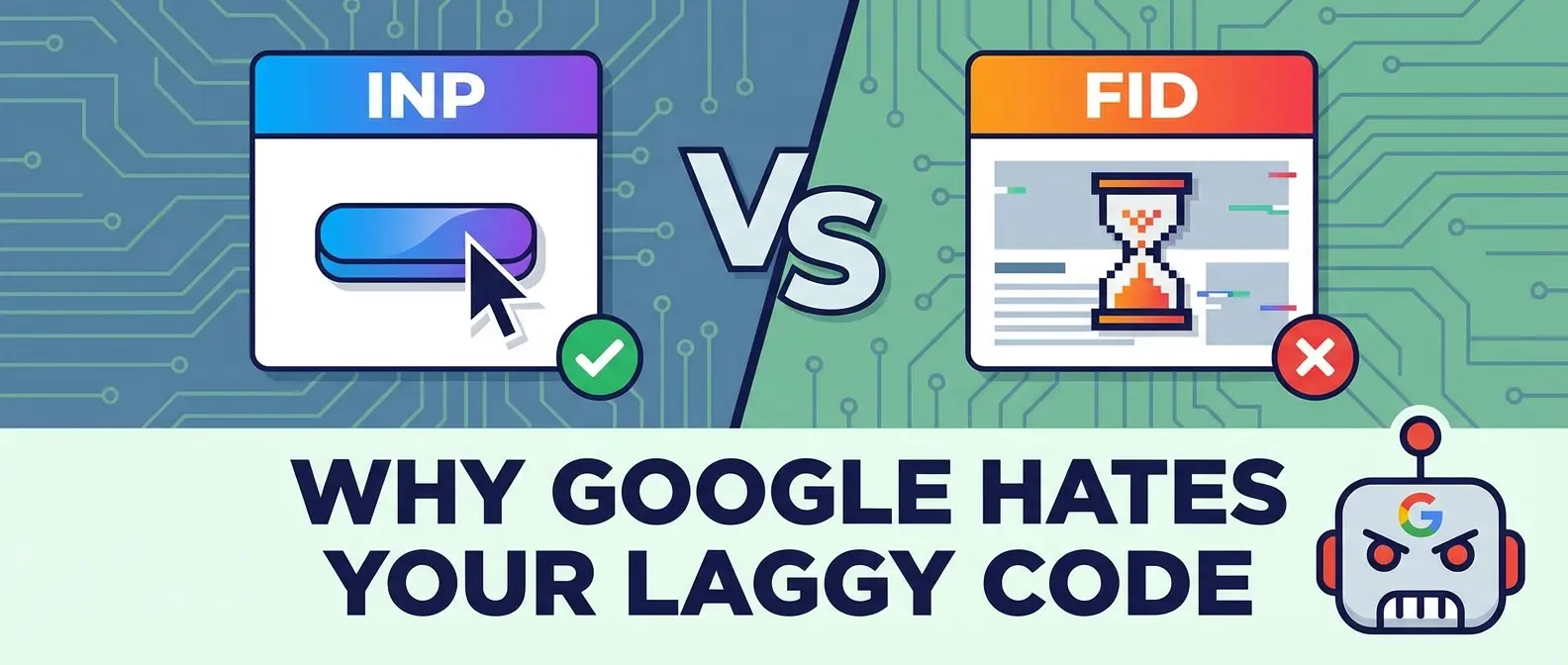 Comparison of INP (cursor, check) vs FID (hourglass, X). Text: Why Google Hates Your Laggy Code.