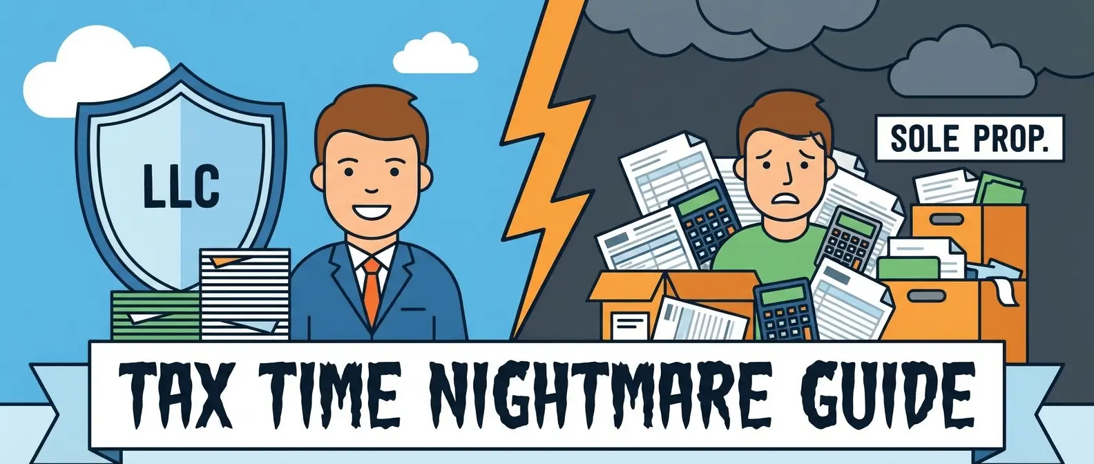 Happy man with LLC shield & money vs. stressed man buried in Sole Prop tax papers. TAX TIME NIGHTMARE GUIDE.