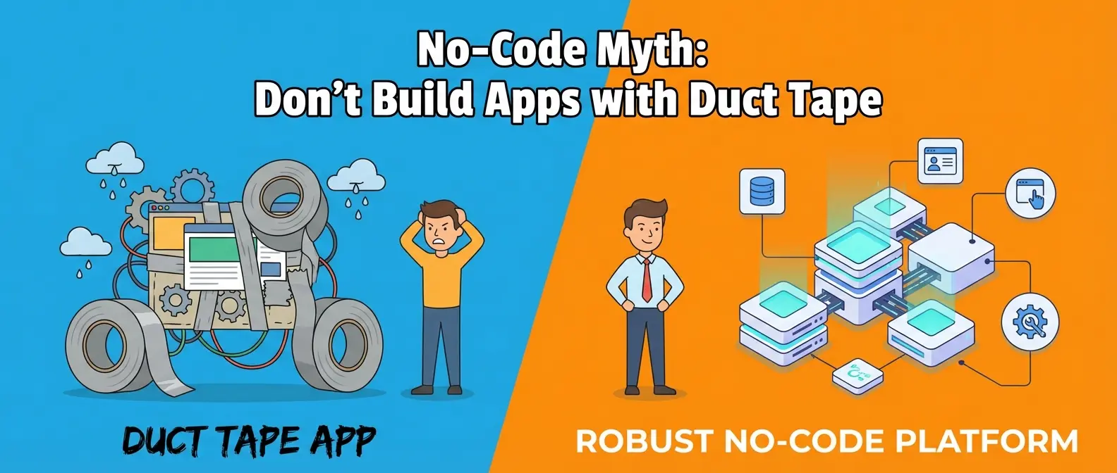 Graphic contrasting a messy "Duct Tape App" and frustrated user vs a sleek "Robust No-Code Platform".