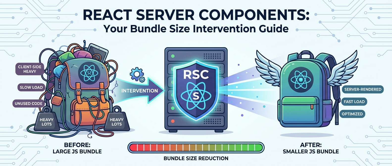 React Server Components reduce JS bundle size. A heavy, client-side React app backpack becomes a light, server-rendered winged backpack.