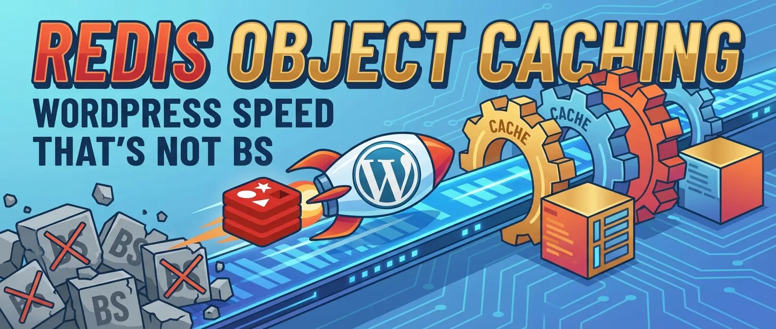 Redis Object Caching: WordPress speed. WP rocket & Redis cube fly past "BS" blocks towards cache gears.