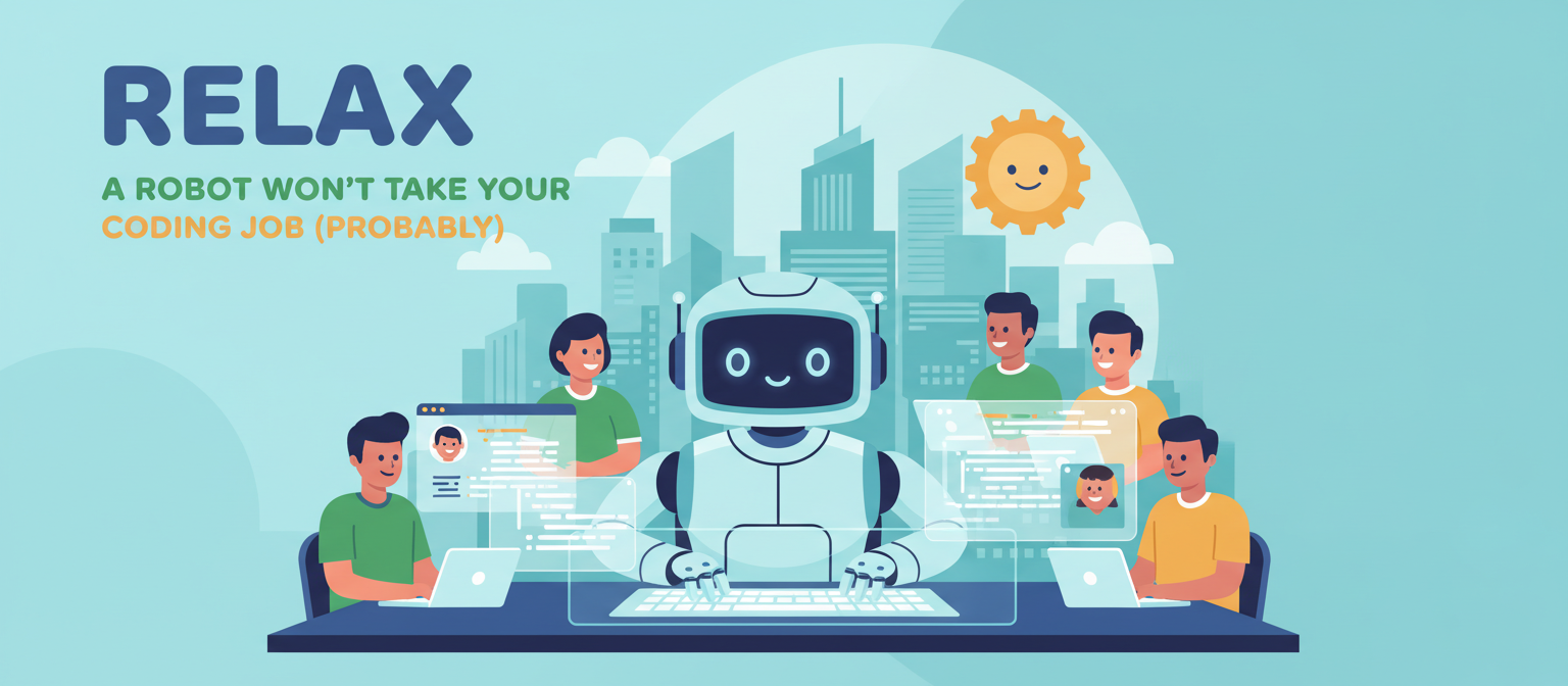 A cartoon robot coding with humans. Text reads: "RELAX, A ROBOT WON'T TAKE YOUR CODING JOB (PROBABLY).