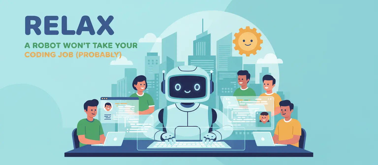 A cartoon robot coding with humans. Text reads: "RELAX, A ROBOT WON'T TAKE YOUR CODING JOB (PROBABLY).