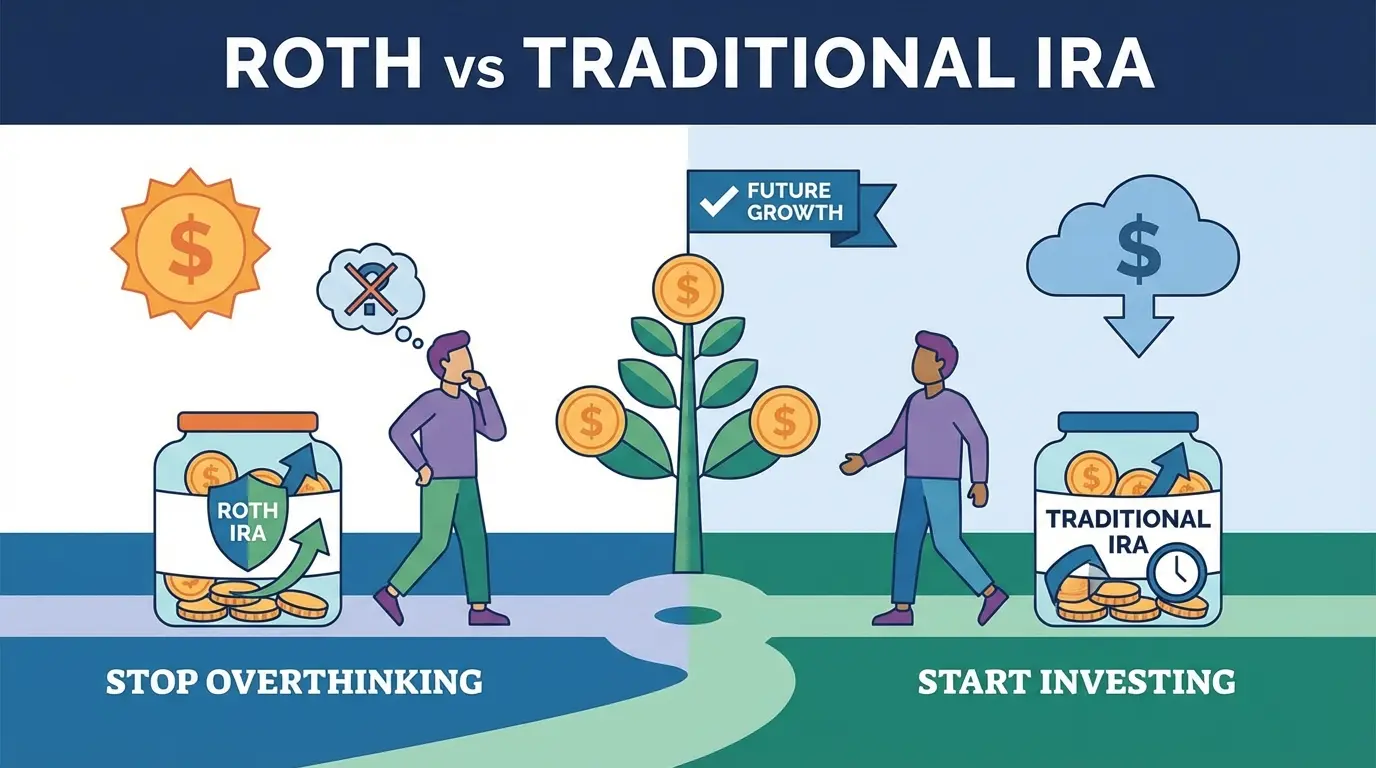 Roth vs Traditional IRA: 'Stop Overthinking' (left, Roth) & 'Start Investing' (right, Traditional). Both show money growing.