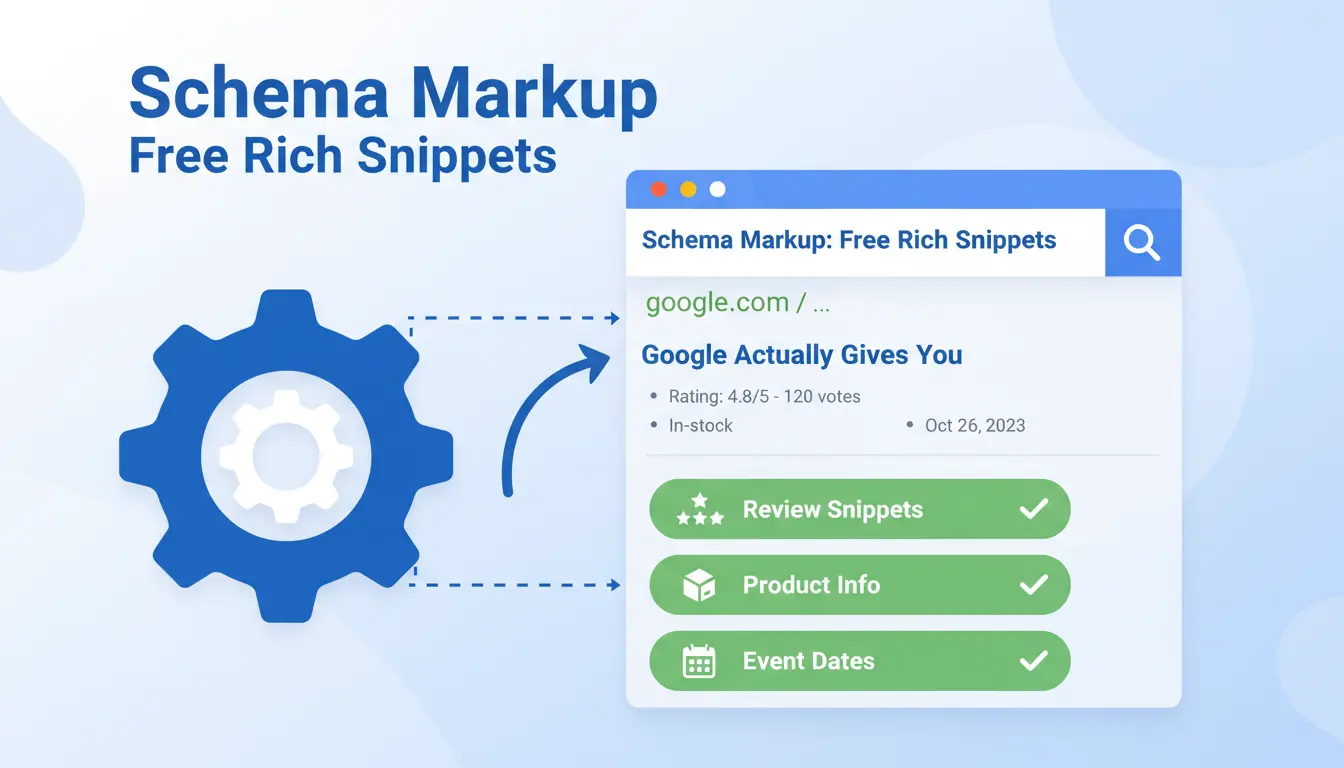 Schema markup (gear icon) leads to Google's free rich snippets, showing ratings, product info, and event dates.