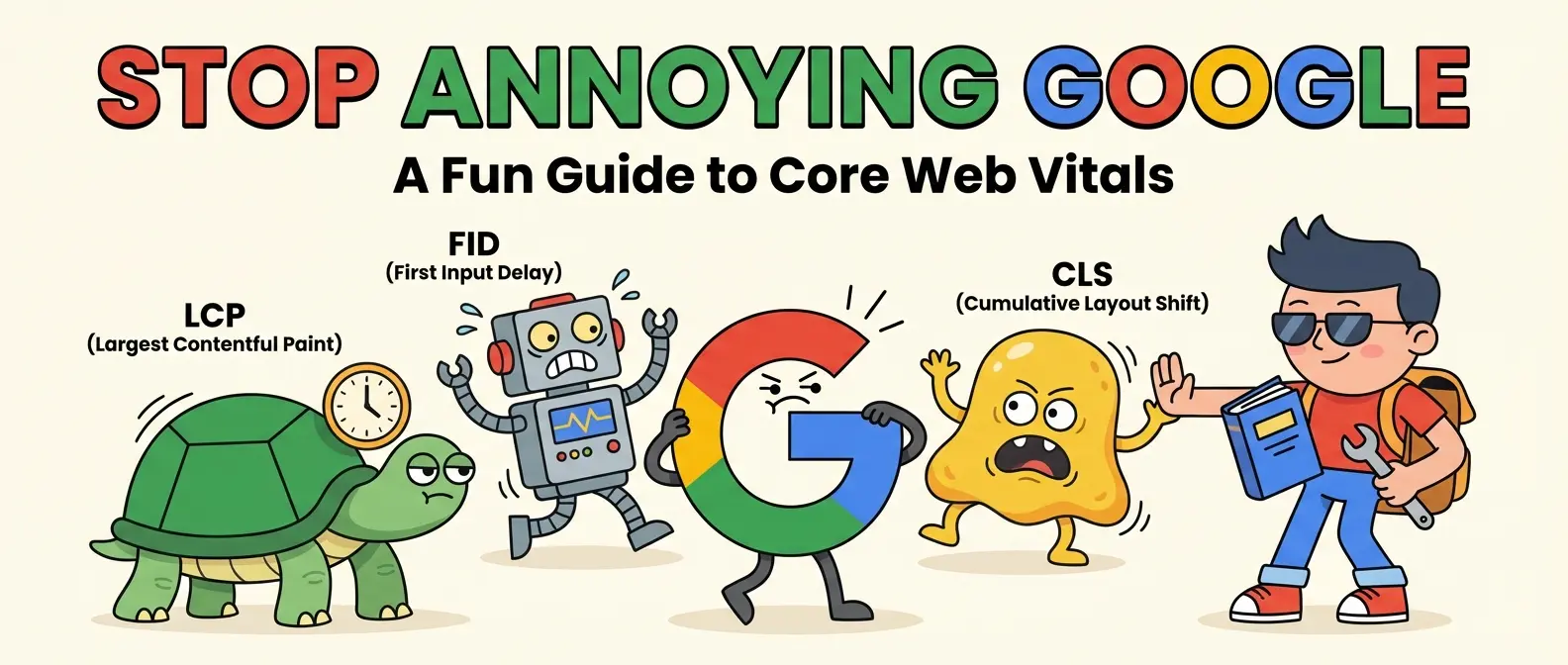 A cartoon guide to Core Web Vitals shows an annoyed Google G with characters representing LCP, FID, and CLS.