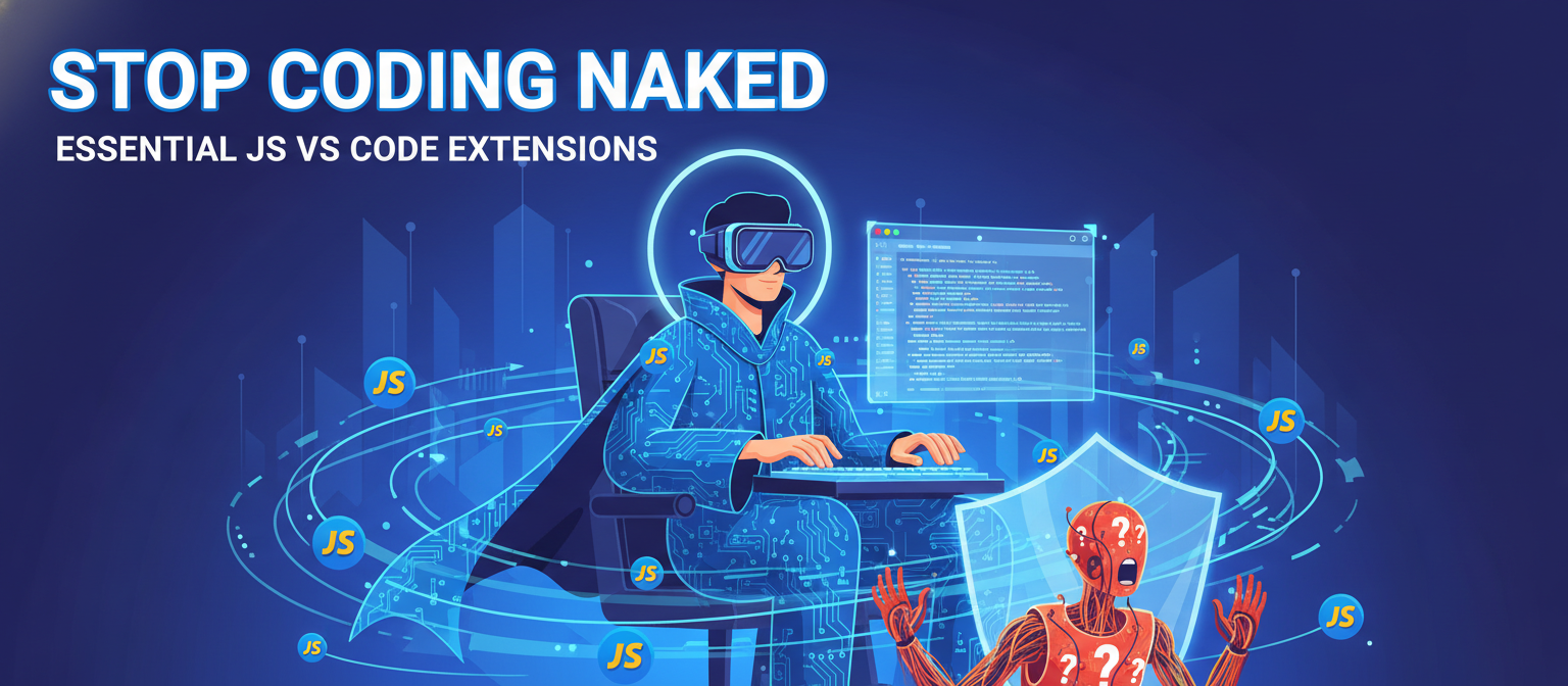 A coder in a circuit-cloak uses extensions, contrasting with a confused "naked" robot. Text: "Stop Coding Naked.