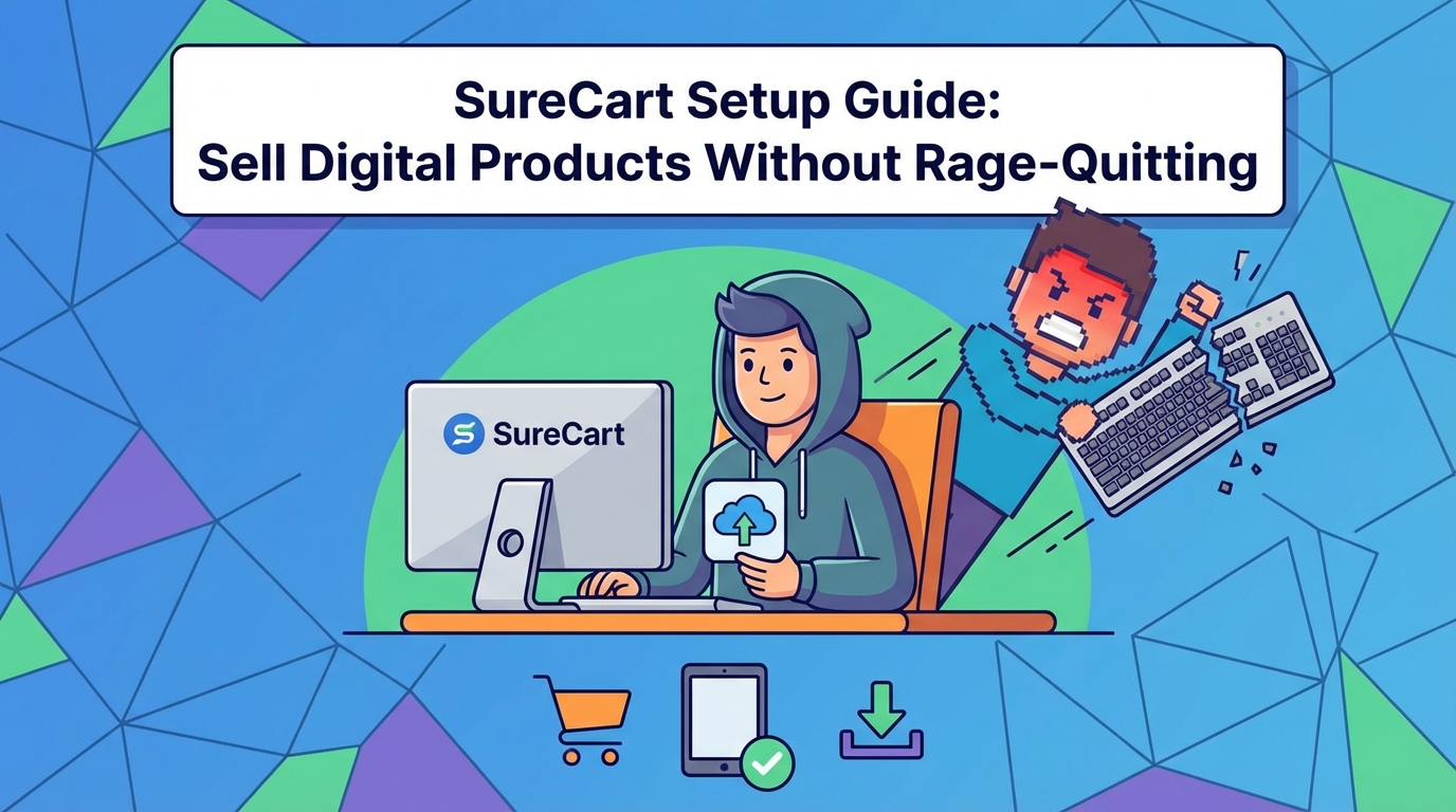 SureCart setup guide: Calm person using SureCart for digital products vs. angry pixelated person smashing keyboard.