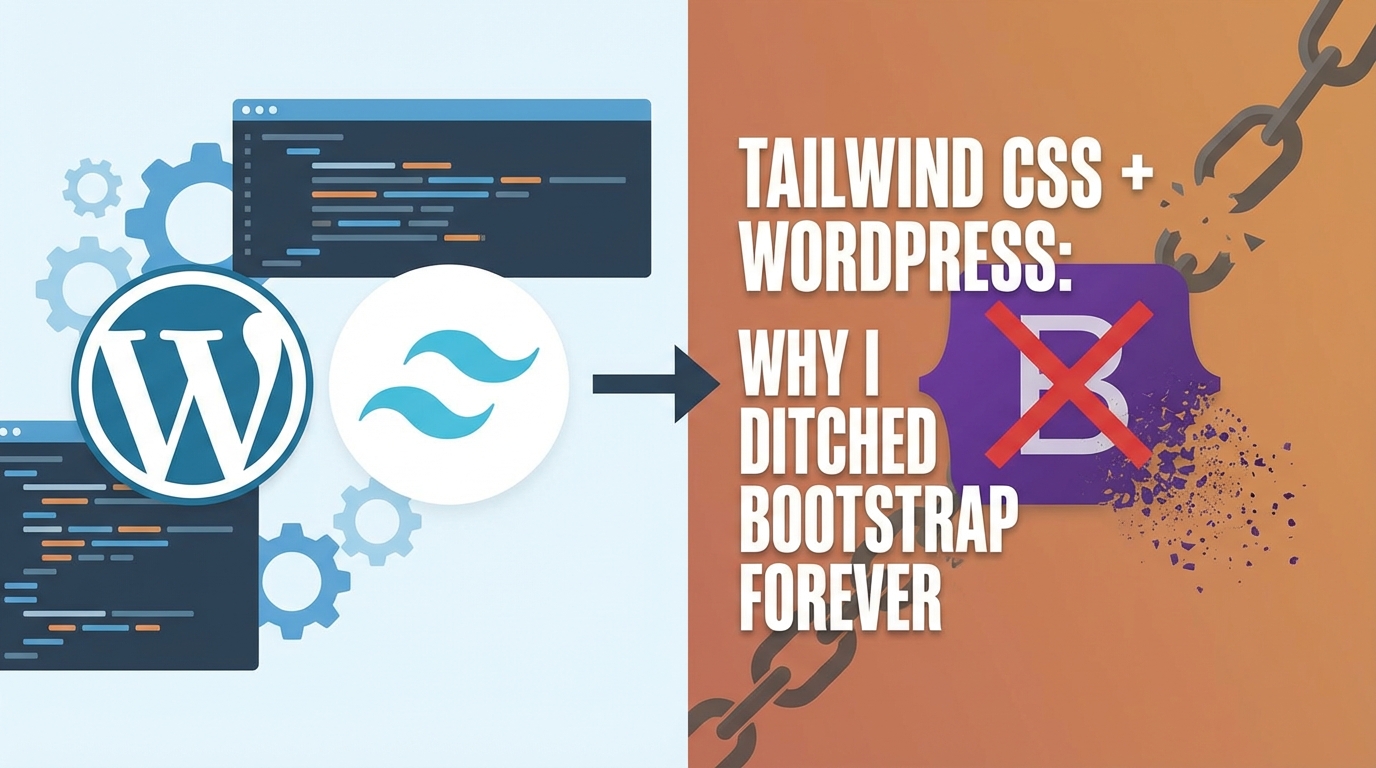 WordPress and Tailwind logos with code, pointing to a broken Bootstrap logo and text: "Why I Ditched Bootstrap Forever.