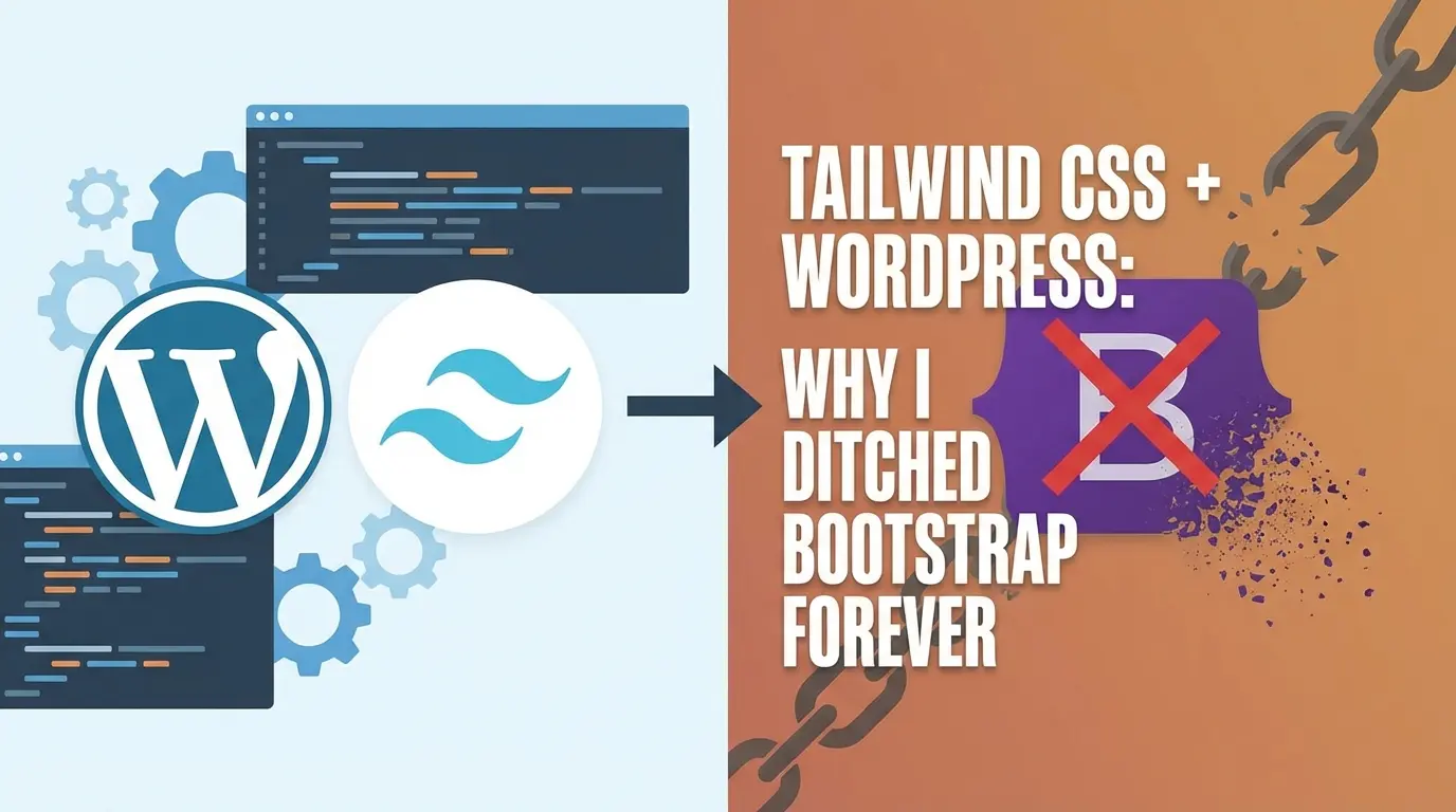 WordPress and Tailwind logos with code, pointing to a broken Bootstrap logo and text: "Why I Ditched Bootstrap Forever.