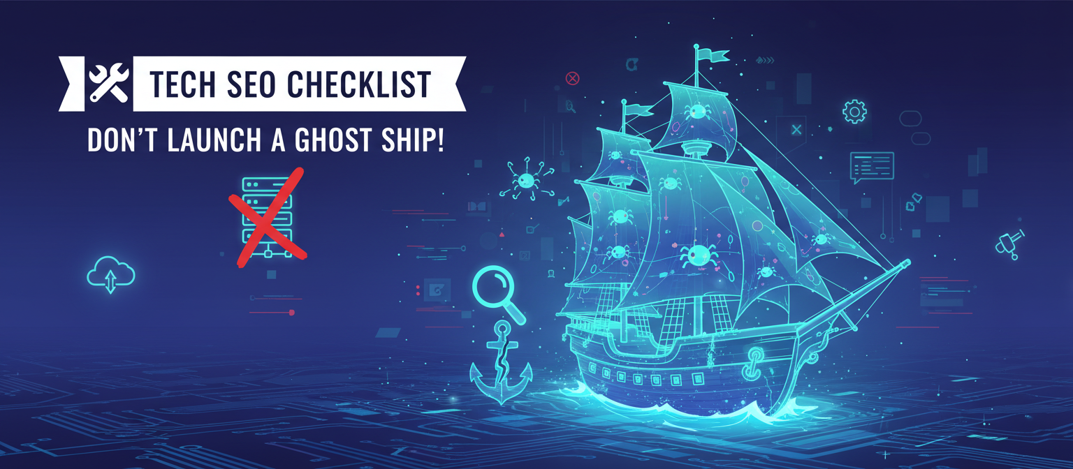 A glowing blue ghost ship on a digital sea. Text: Tech SEO Checklist, Don't Launch a Ghost Ship