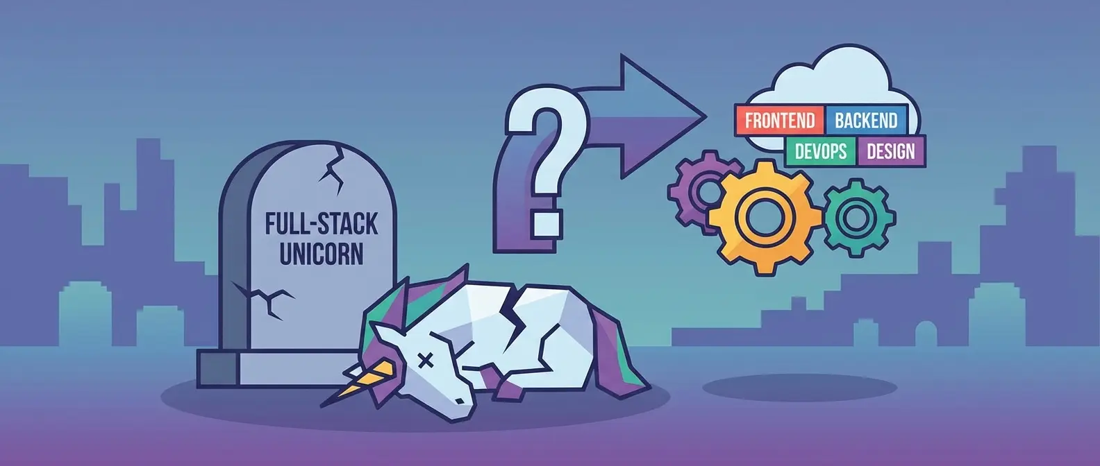 An illustration of a dead "Full-Stack Unicorn" questions a shift to specialized teams for frontend, backend, DevOps, and design.