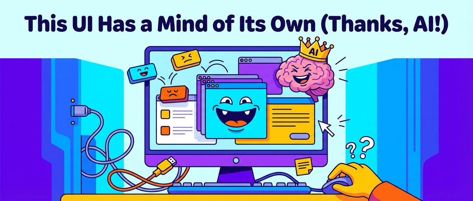 A crowned AI brain makes computer windows with faces fly around a screen, confusing the user. Text: "This UI Has a Mind of Its Own