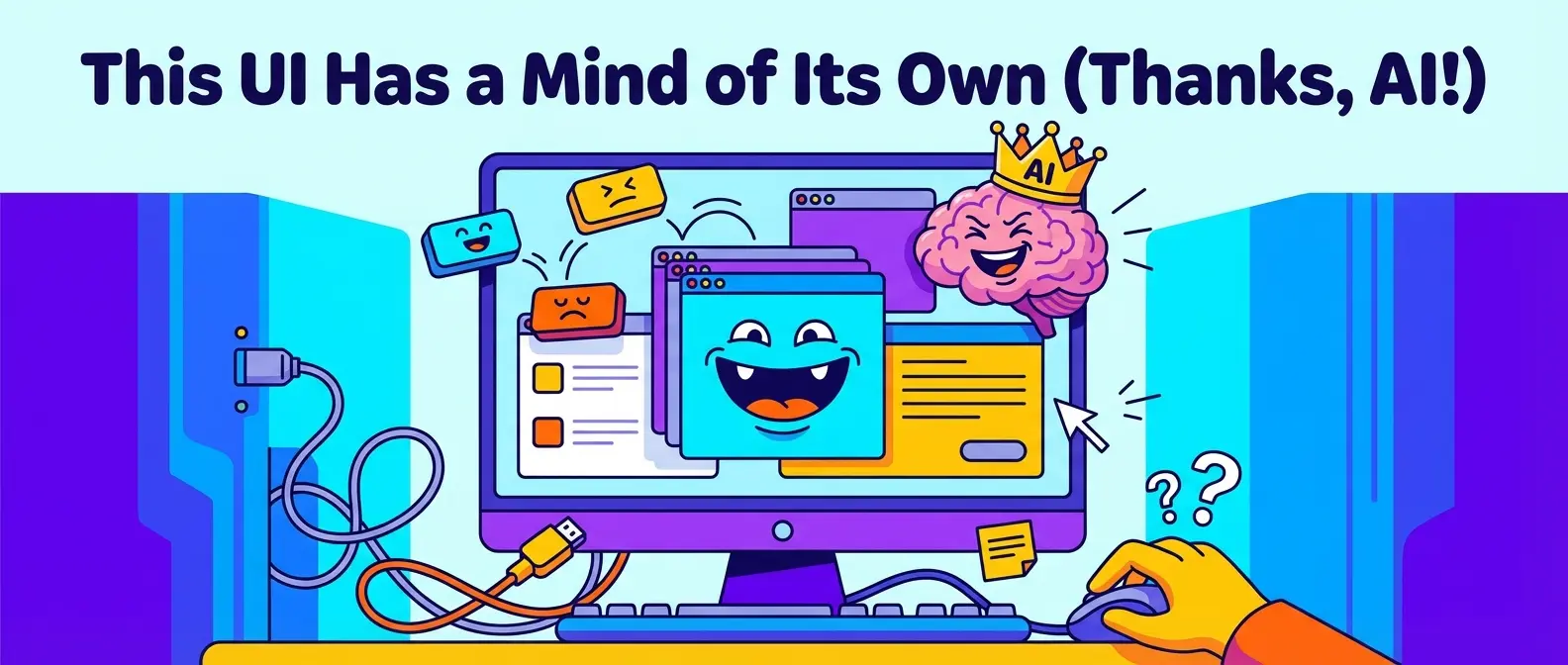 A crowned AI brain makes computer windows with faces fly around a screen, confusing the user. Text: "This UI Has a Mind of Its Own