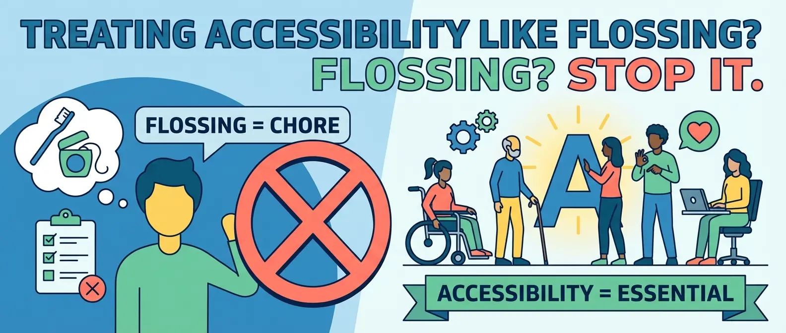 Graphic contrasting "Flossing = Chore" (crossed out) with "Accessibility = Essential" alongside diverse people.