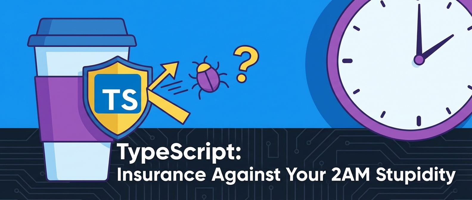 TS shield on coffee cup deflects bug near clock. Text: TypeScript: Insurance Against Your 2AM Stupidity