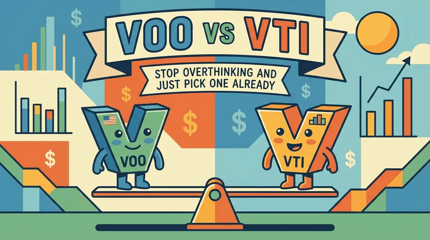 Cartoon VOO (green) & VTI (orange) on a seesaw. Banner: "VOO vs VTI. Stop overthinking and just pick one already.