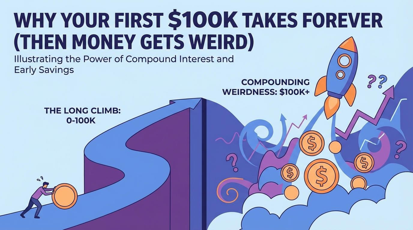 Financial graphic: a person pushes a coin up a hill to $100K, then money flies and a rocket launches for "Compounding Weirdness.