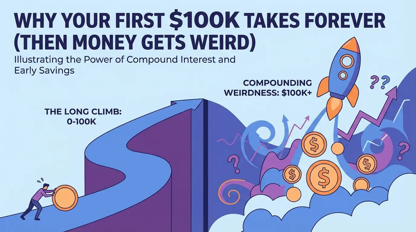 Financial graphic: a person pushes a coin up a hill to $100K, then money flies and a rocket launches for "Compounding Weirdness.