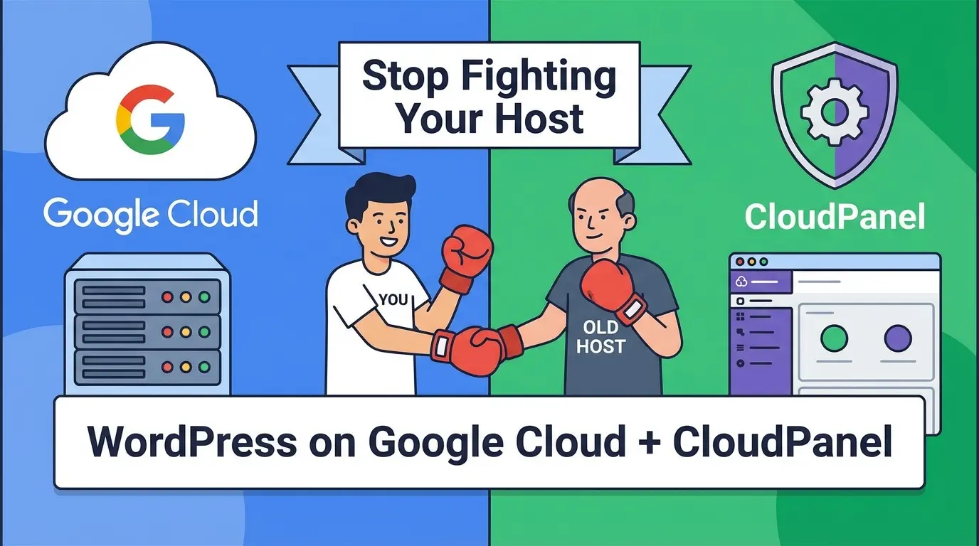 Cartoon: 'YOU' & 'OLD HOST' shake gloved hands. 'Stop Fighting Your Host'. Features Google Cloud & CloudPanel for WordPress.