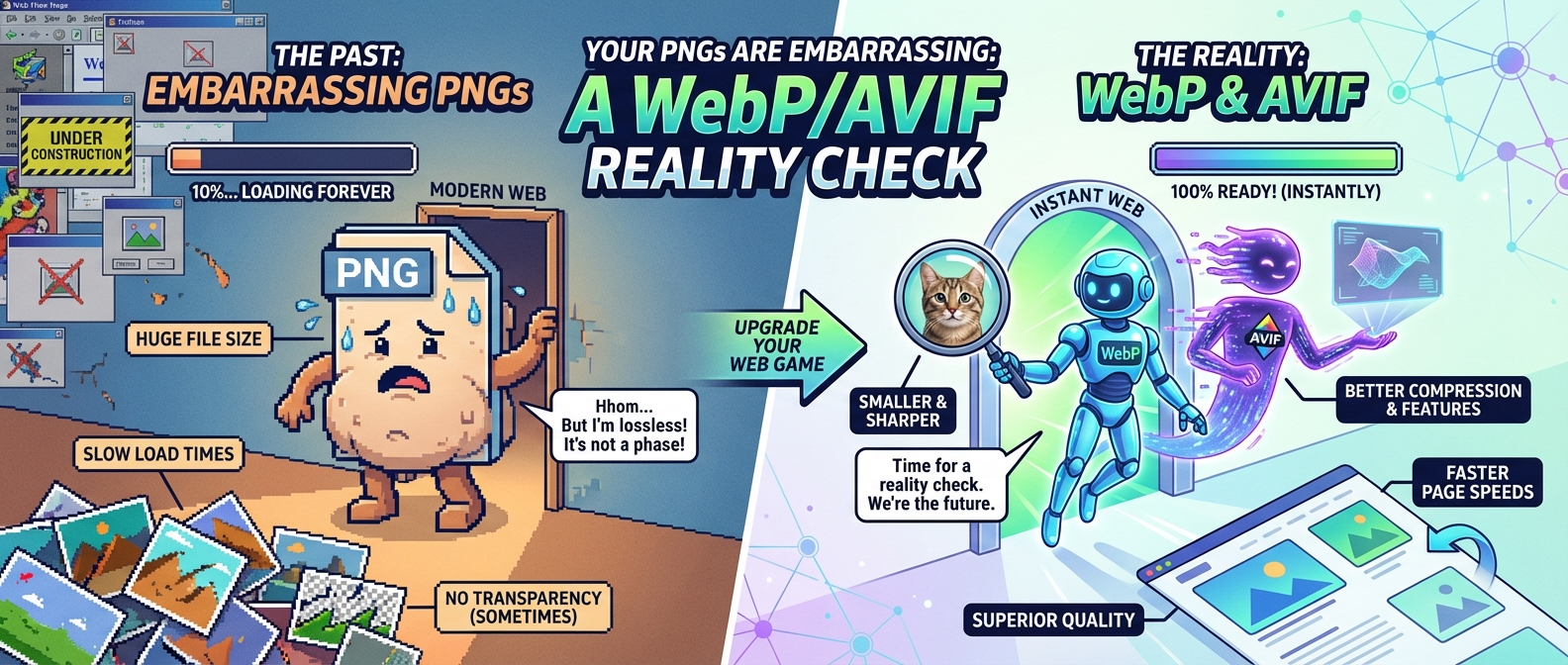 Infographic comparing old, slow PNGs (huge files, slow loads) with modern, fast WebP/AVIF (smaller, sharper, faster page speeds, superior quality).