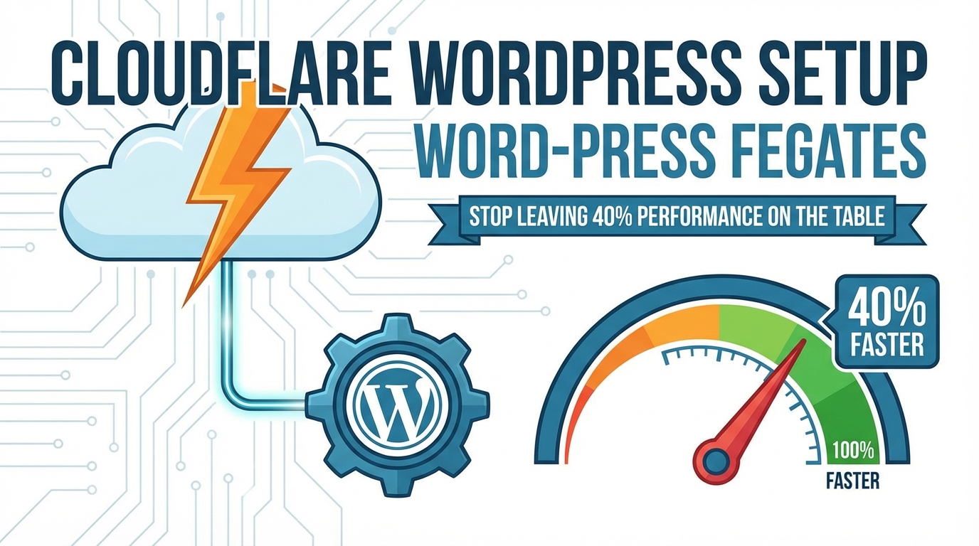 Cloudflare WordPress Setup. Cloud with lightning connected to WordPress gear, speed gauge shows 40% faster.