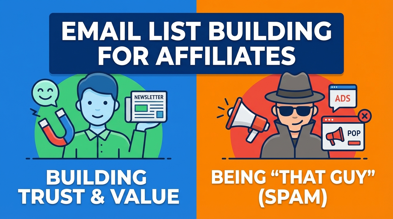Email list building for affiliates: A graphic comparing building trust & value with newsletters vs. spamming with ads & pop-ups.
